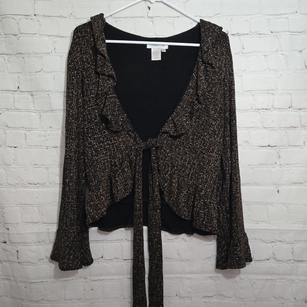Vtg 90s Coldwater Creek abstract slinky tie front Crop Blouse Ruffles Belle